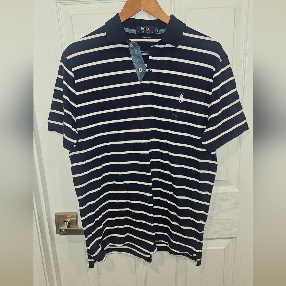 Polo by Ralph Lauren Men's Navy & White Striped Polo Size-Large